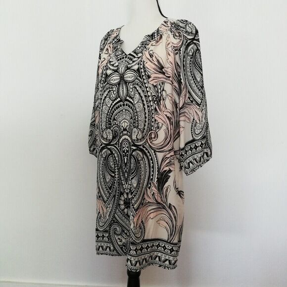 Buttons Ornate Print 3/4 Sleeve Split V-Neck Casual Shift Dress Women's Size L - Picture 6 of 10